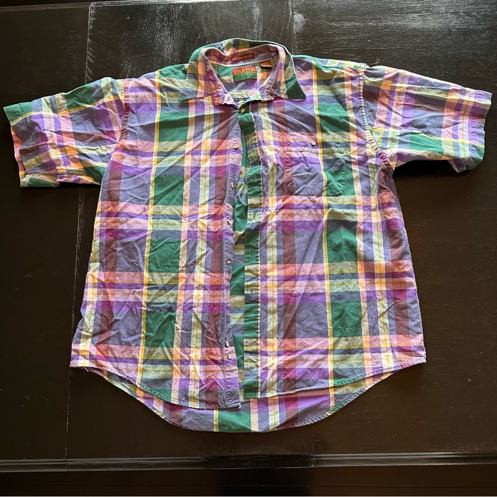 Vintage Oakton XL Made in USA America Purple and Green Short Sleeve Button Dowm
